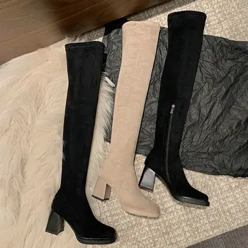 velúr bőr meztelen fekete négyzet vaskos magas sarkú nők szexi zokni botinok platform cipők térd felett Térd feletti sztreccs csizma