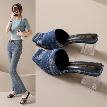 Női tervező márka Magas sarkú cipő papucs nyár Új divat Square Toe Szandálok Cipők Női alkalmi csúszdák Plus
