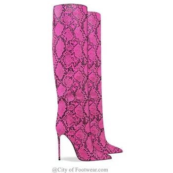 Python Print Knee High Boot Hegyes tűsarkú cipő Szexi 8\10\12cm Sarkú bőr csizma Női Nagy méretű téli luxus designer cipő