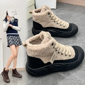 Női szőrme meleg középsarkú csizma Női platform alkalmi Chunky pamut cipő Téli új bokacsizma szivattyúk rövid plüss hó boták