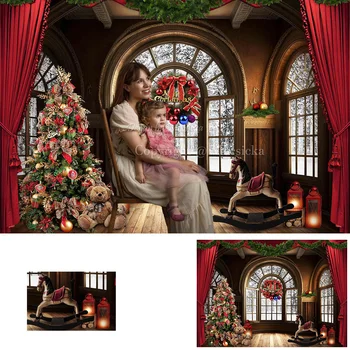 Karácsonyi szoba dekoráció Háttér Piros függöny ablak Karácsonyfa játék Fa ló háttér Gyerek portré Stúdió Fotófülke Kellék