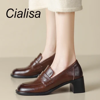Cialisa Alkalmi naplopók Tavasz Ősz Női cipők Szögletes lábujj Vintage Valódi bőr pumpák Kézzel készített magas sarkú hölgy Lábbeli barna